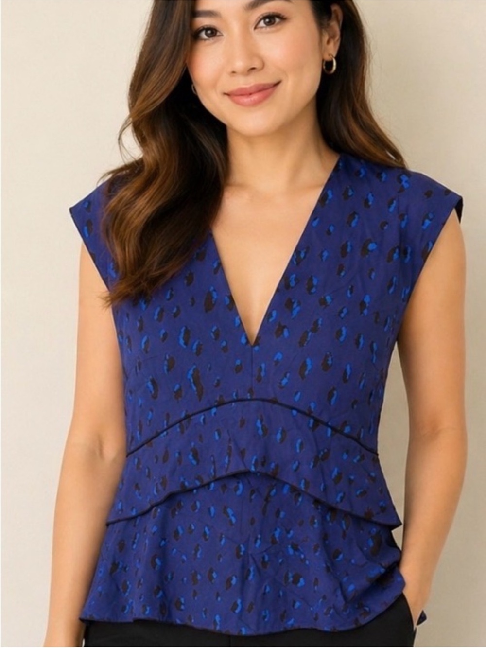 NWT Proenza Schouler Silk Georgette Blue Leopard Deep V Peplum Blouse Size 4